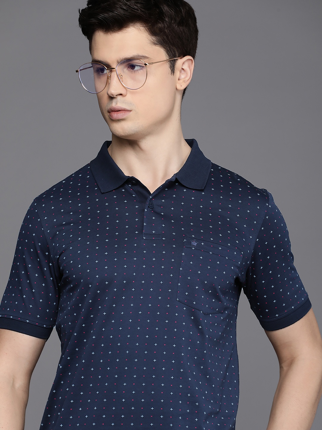 Louis Philippe Geometric Printed Polo Collar Pure Cotton T-shirt With Chest Pocket Detail, Navy blue
Louis Philippe Geometric Printed Polo Collar Pure Cotton T-shirt With Chest Pocket Detail, Navy blue