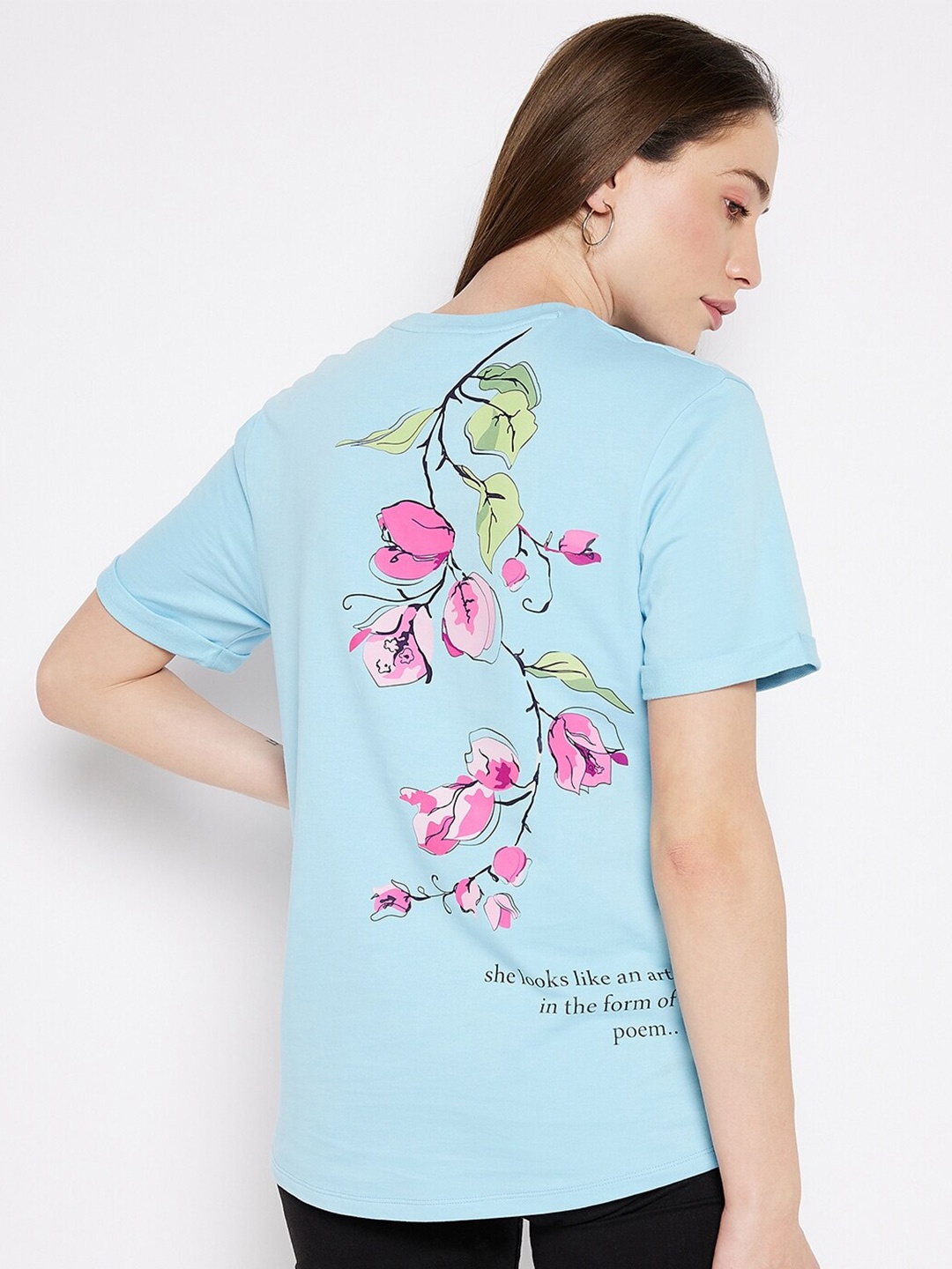 EDRIO Women Floral Printed Pure Cotton Loose T-shirt, Blue