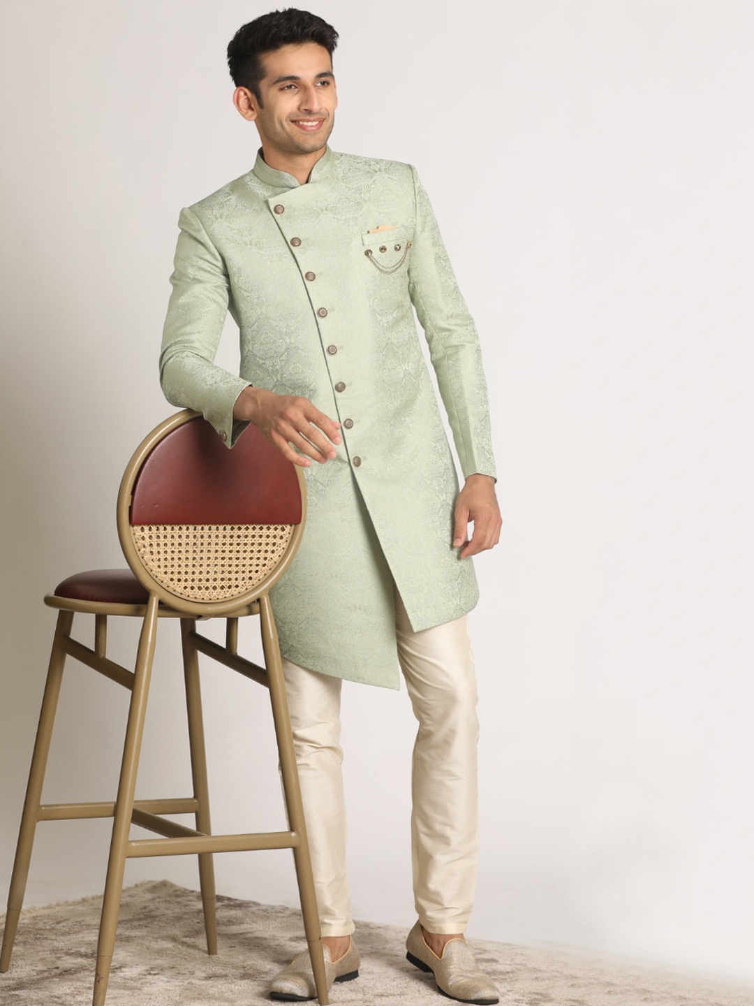 Manyavar Woven Design Straight Brocade Traditional Indo Western Sherwani Set, Green
Manyavar Woven Design Straight Brocade Traditional Indo Western Sherwani Set, Green