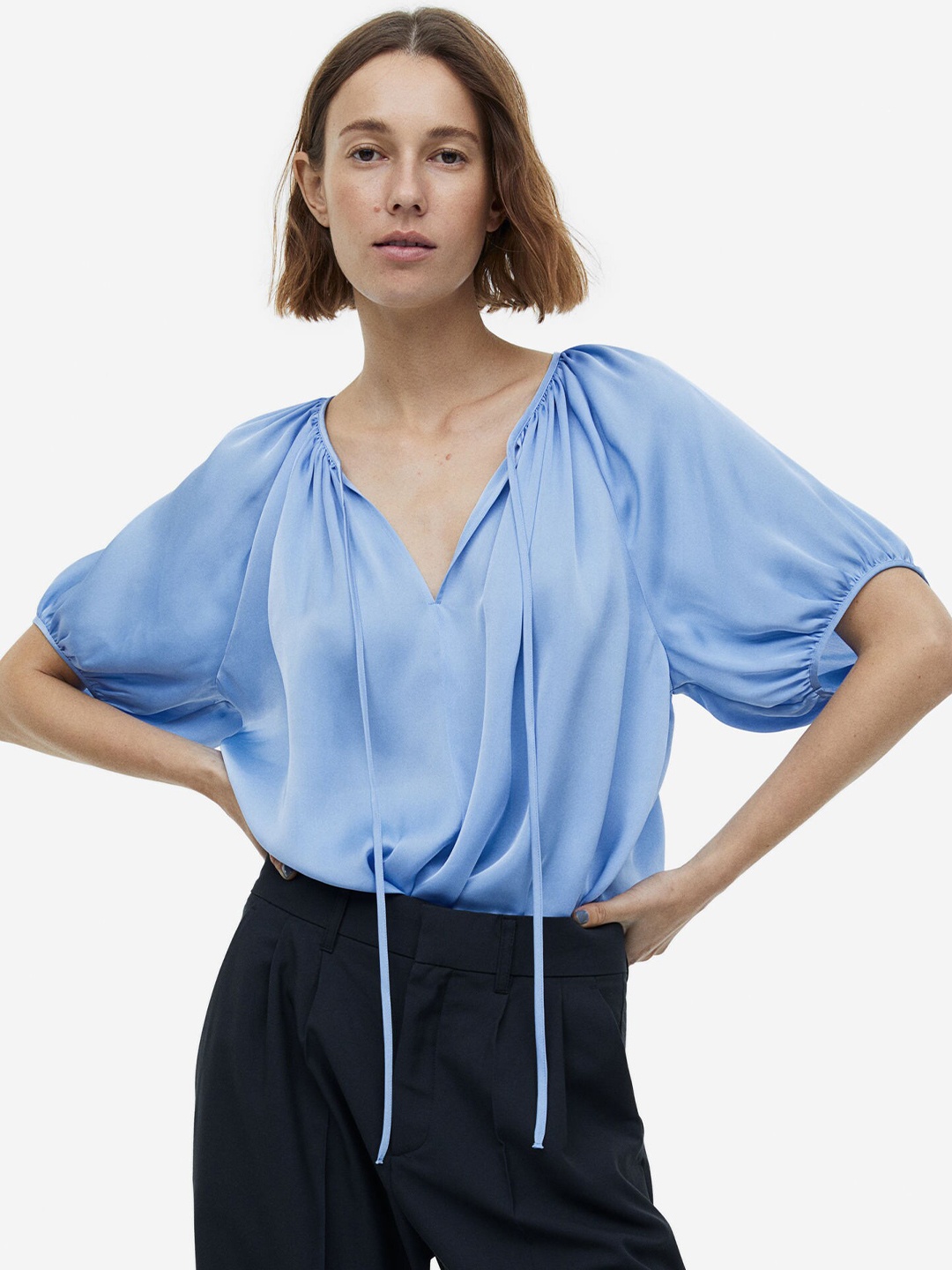 H&M Oversized Tie-Top Blouse, Blue