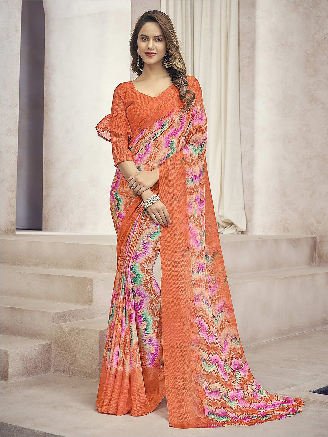 Satrani Geometric Printed Pure Chiffon Saree, Orange