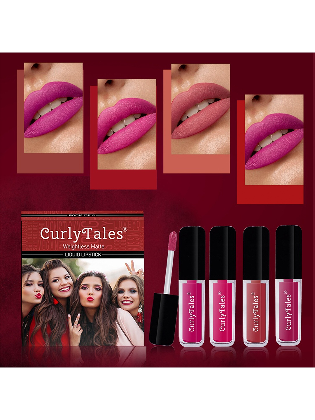 CurlyTales Set Of 4 Weightless Matte Full Coverage Liquid Lipsticks - 04, 05, 06, 12, Pink
CurlyTales Set Of 4 Weightless Matte Full Coverage Liquid Lipsticks - 04, 05, 06, 12, Pink