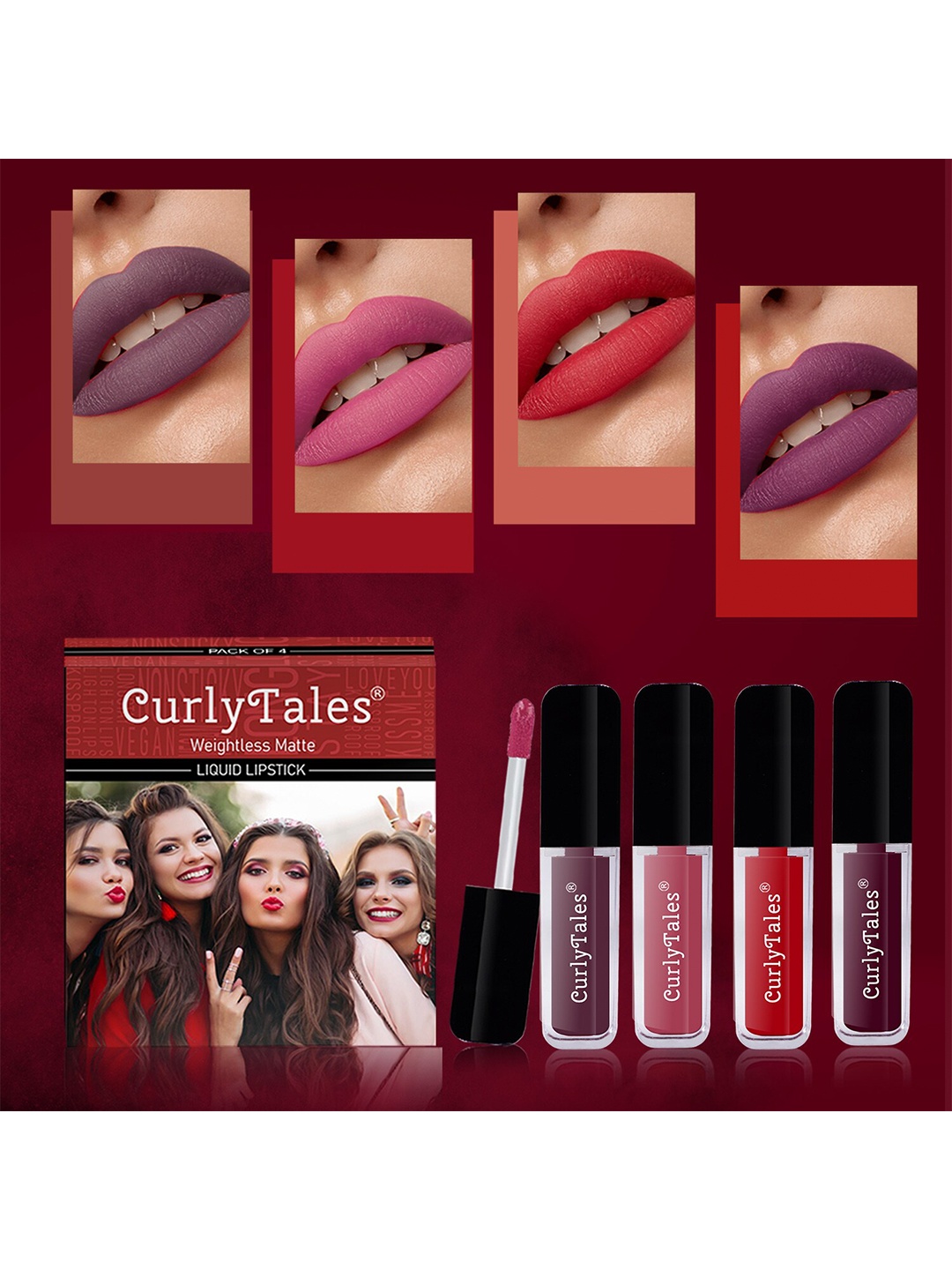 CurlyTales Set Of 4 Weightless Matte Liquid Lipsticks - 3 ml Each - Light Purple 01 - Peach 10 - Red 11 & Wine 15
CurlyTales Set Of 4 Weightless Matte Liquid Lipsticks - 3 ml Each - Light Purple 01 - Peach 10 - Red 11 & Wine 15