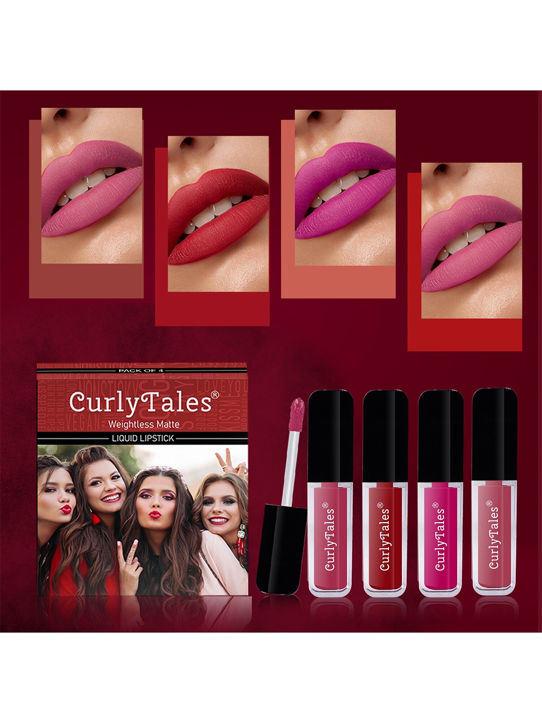 CurlyTales Set of 4 Lightweight & Waterproof True Matte Liquid Lipsticks 3 ml Each-Peach 02 - Red 03 - Magenta 04 - Peach 10, Multi
CurlyTales Set of 4 Lightweight & Waterproof True Matte Liquid Lipsticks 3 ml Each-Peach 02 - Red 03 - Magenta 04 - Peach 10, Multi