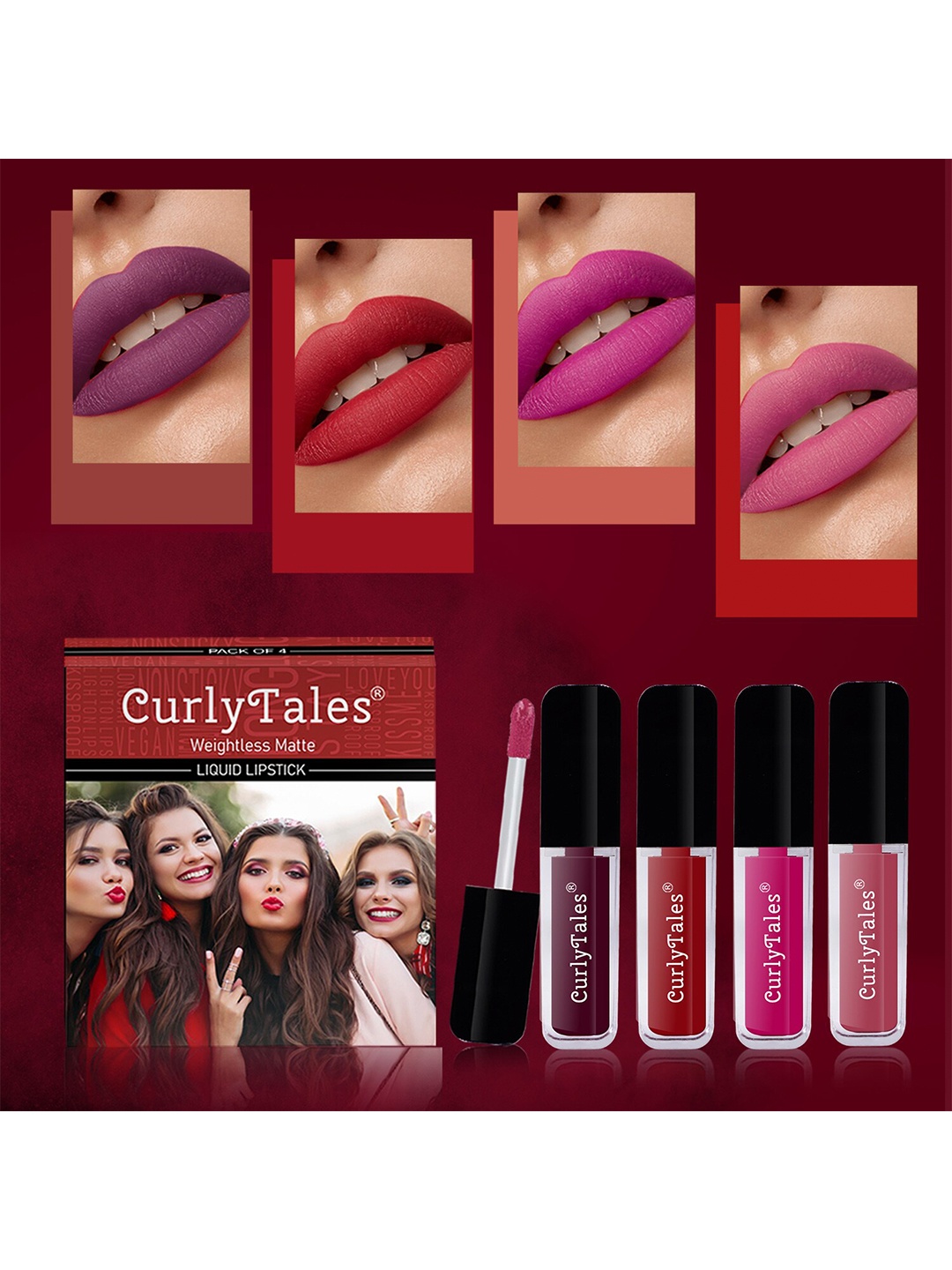 CurlyTales Set of 4 Lightweight & Waterproof True Matte Liquid Lipsticks 3 ml Each-Wine 15 - Red 03 - Magenta 04 - Peach 10, Multi
CurlyTales Set of 4 Lightweight & Waterproof True Matte Liquid Lipsticks 3 ml Each-Wine 15 - Red 03 - Magenta 04 - Peach 10, Multi