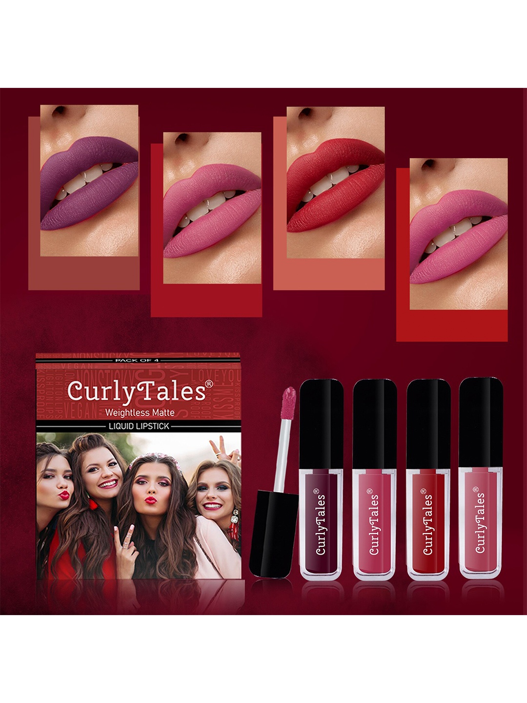 CurlyTales Set of 4 Lightweight & Waterproof True Matte Liquid Lipsticks 3 ml Each-Wine 15 - Peach 02 - Red 03 - Peach 10, Multi
CurlyTales Set of 4 Lightweight & Waterproof True Matte Liquid Lipsticks 3 ml Each-Wine 15 - Peach 02 - Red 03 - Peach 10, Multi