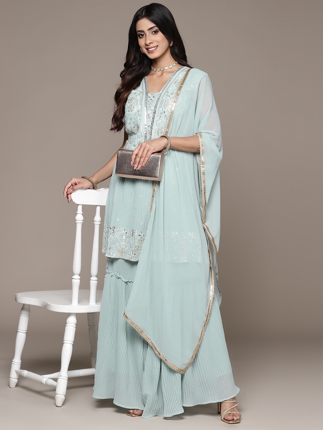 SAARYA Women Floral Embroidered Pleated Sequinned Kurta with Sharara & With Dupatta, Turquoise blue
SAARYA Women Floral Embroidered Pleated Sequinned Kurta with Sharara & With Dupatta, Turquoise blue