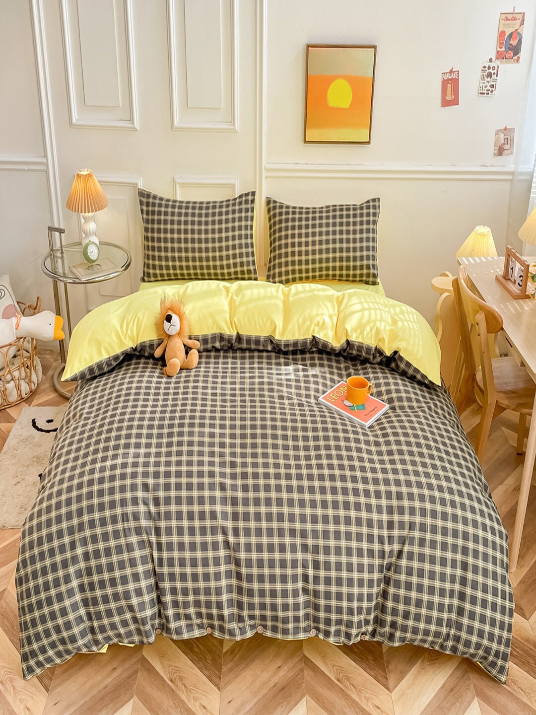 JC Collection Yellow & Black Checked Double Queen Bedding Set