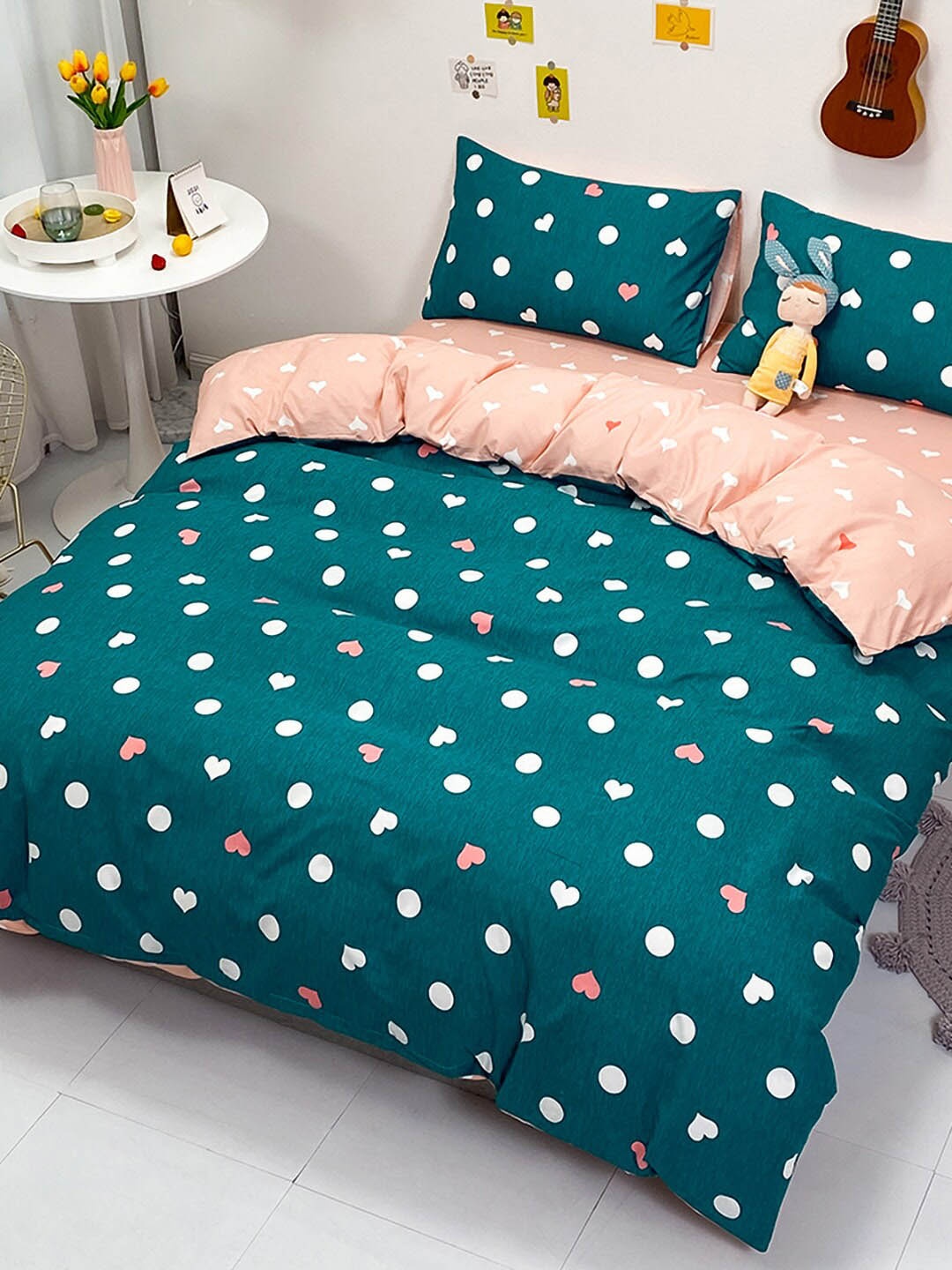 JC Collection Green & Pink Printed Double King Bedding Set