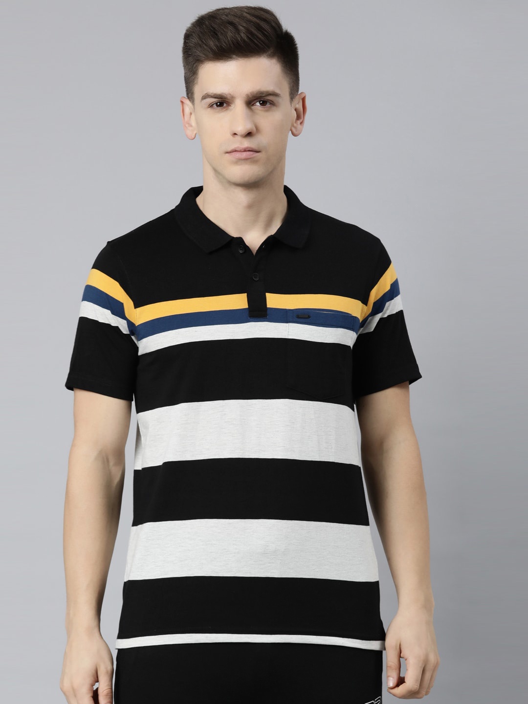 Proline Striped Polo Collar Cotton T-shirt, Black