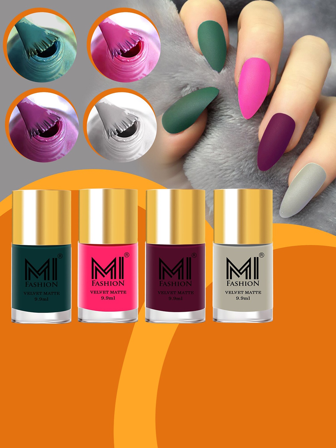 MI FASHION Set of 4 Velvet Matte Nail Polish 9.9 ml Each - Shade 12, 13, 14, 46, Green
MI FASHION Set of 4 Velvet Matte Nail Polish 9.9 ml Each - Shade 12, 13, 14, 46, Green