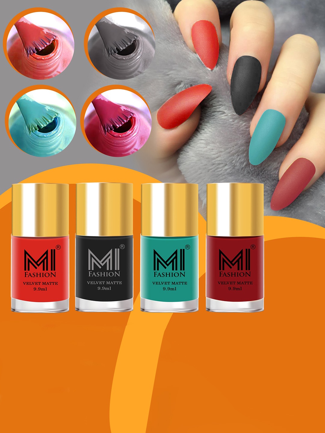 MI FASHION Set of 4 Velvet Matte Nail Polish 9.9 ml Each - Shade 04, 05, 06, 22, Orange
MI FASHION Set of 4 Velvet Matte Nail Polish 9.9 ml Each - Shade 04, 05, 06, 22, Orange