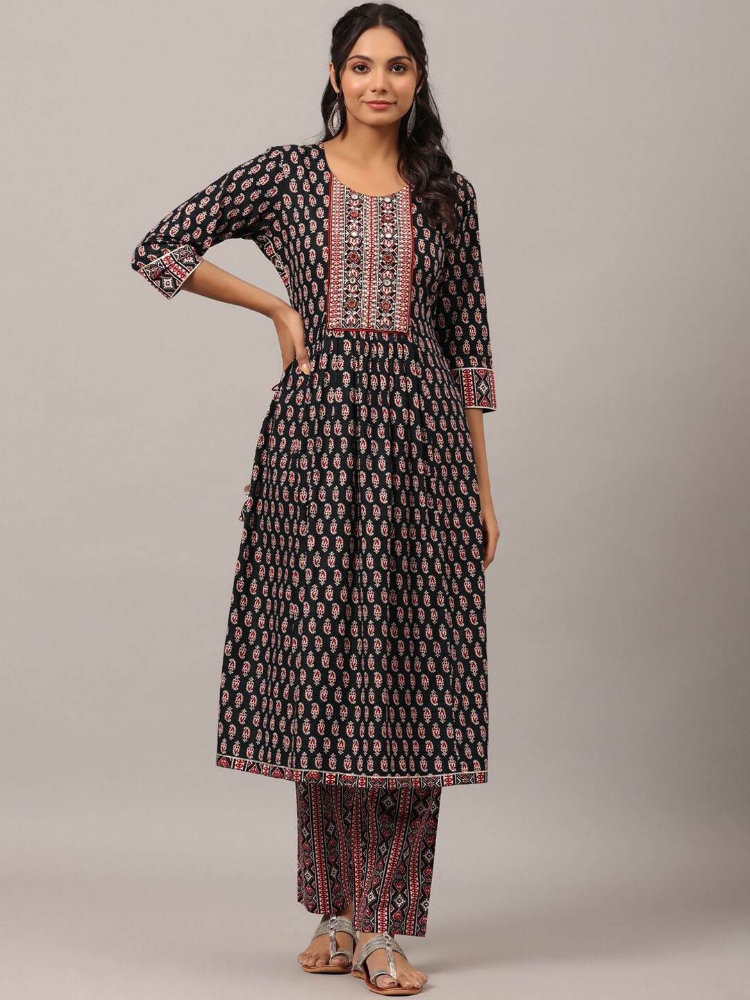 Amchoor Ethnic Motifs Printed Mirror Work A-Line Pure Cotton Kurta with Trousers, Black
Amchoor Ethnic Motifs Printed Mirror Work A-Line Pure Cotton Kurta with Trousers, Black