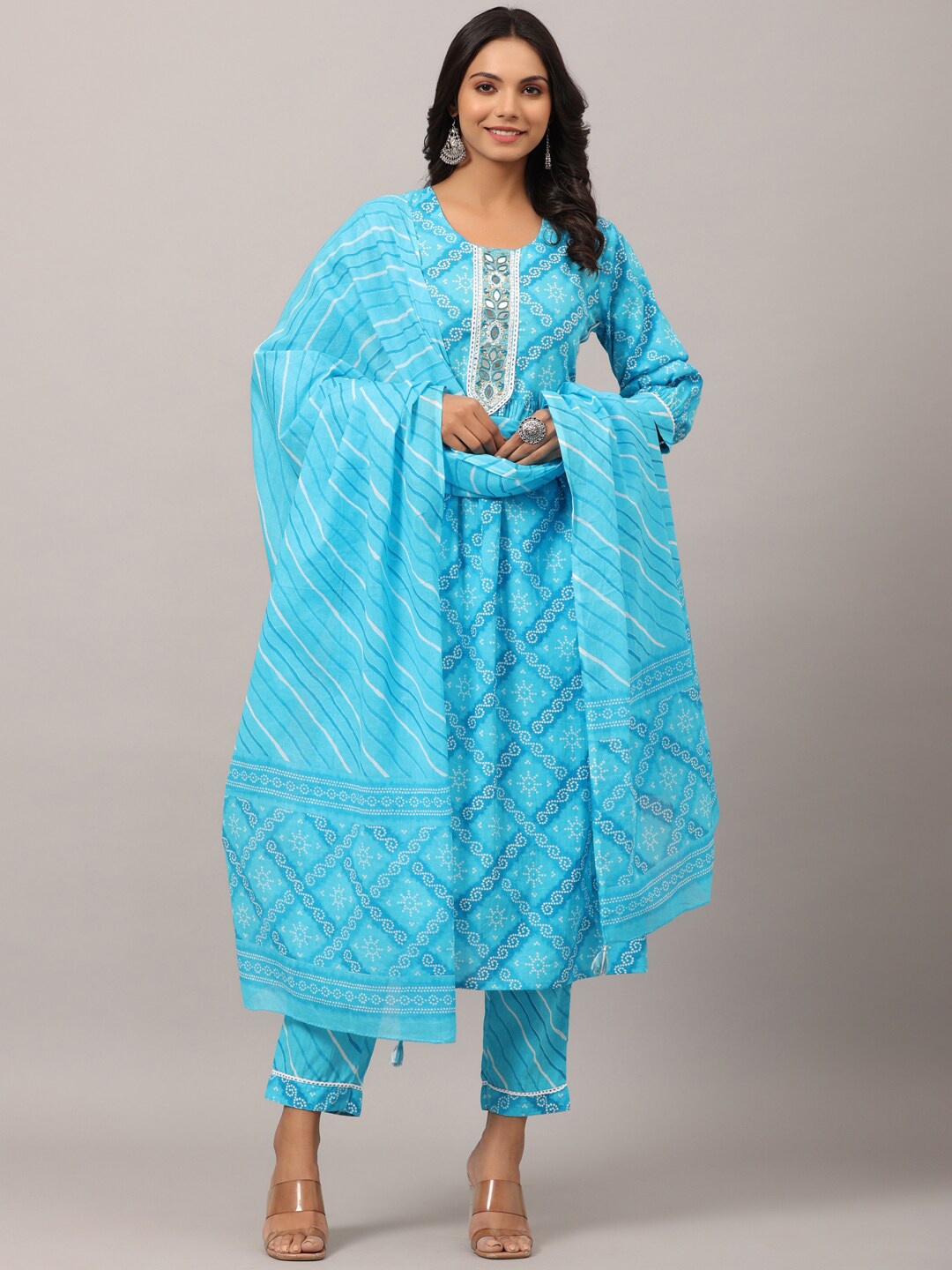 Amchoor Bandhani Printed Mirror Work Pure Cotton Kurta with Trousers & Dupatta, Blue
Amchoor Bandhani Printed Mirror Work Pure Cotton Kurta with Trousers & Dupatta, Blue