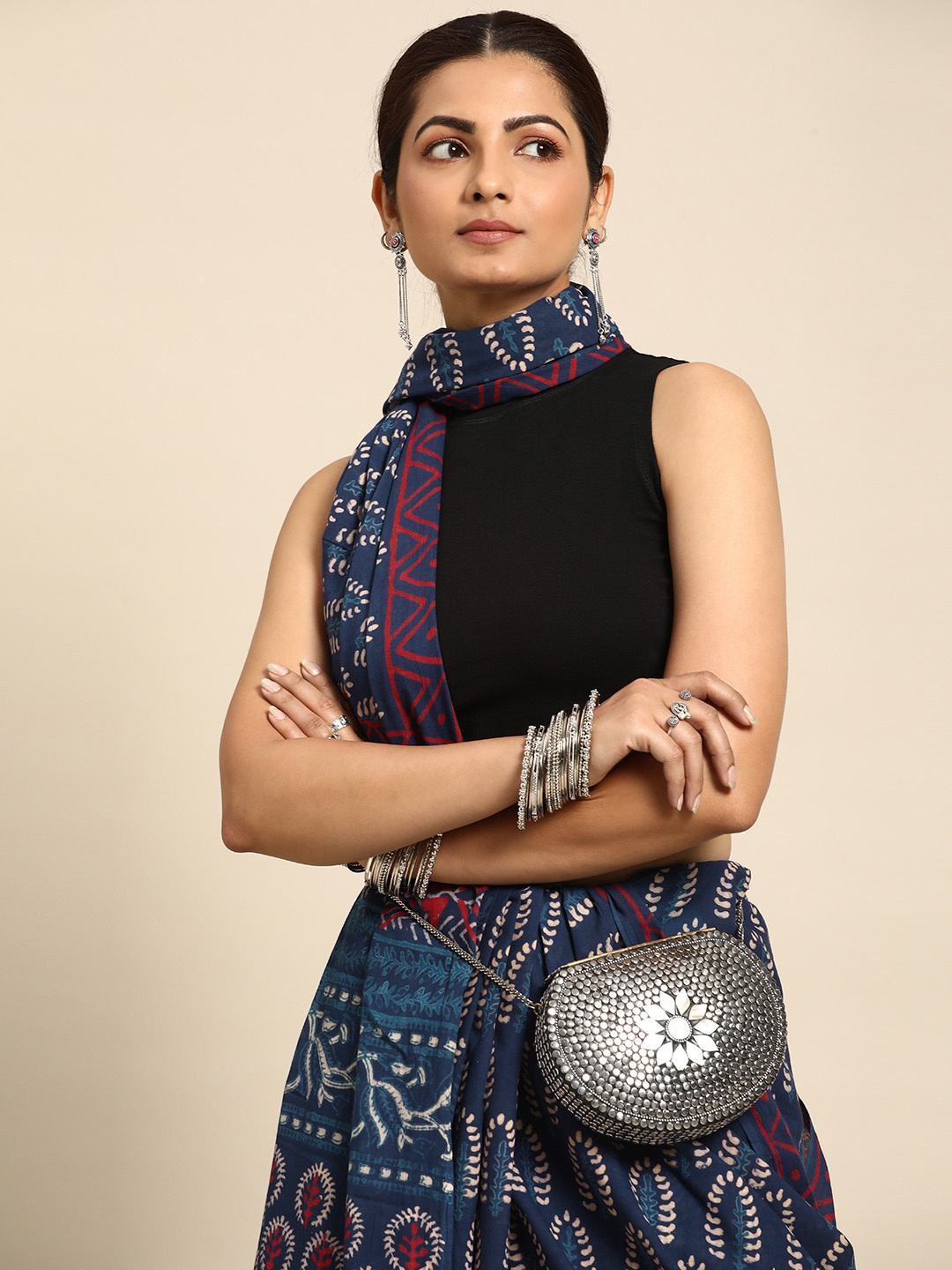 Taavi Ethnic Motifs Printed Pure Cotton Bagru Saree, Blue
