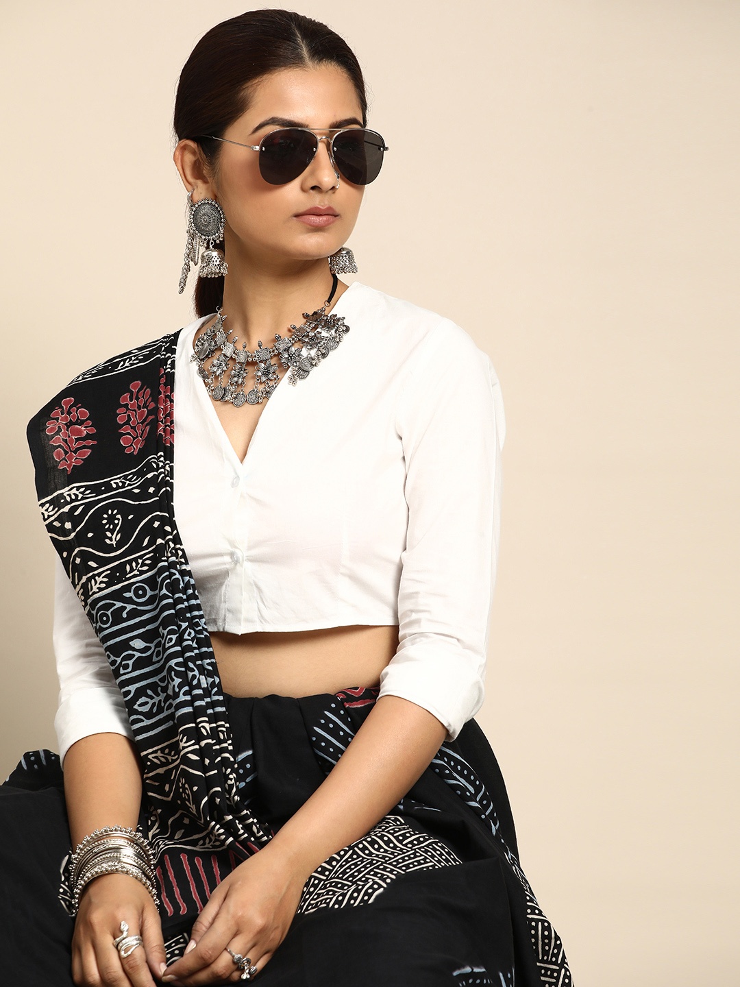 Taavi Printed Pure Cotton Bagru Saree, Navy blue