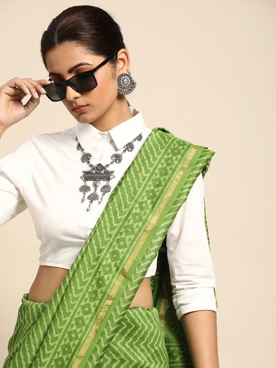Taavi Printed Pure Cotton Bagru Saree, Green
