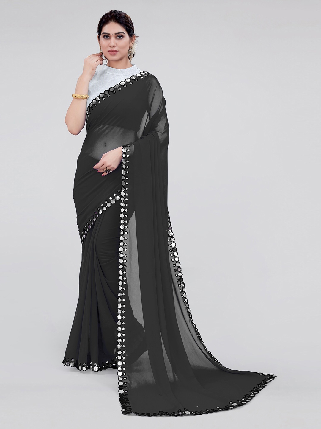 MIRCHI FASHION Mirror Work Saree, Black