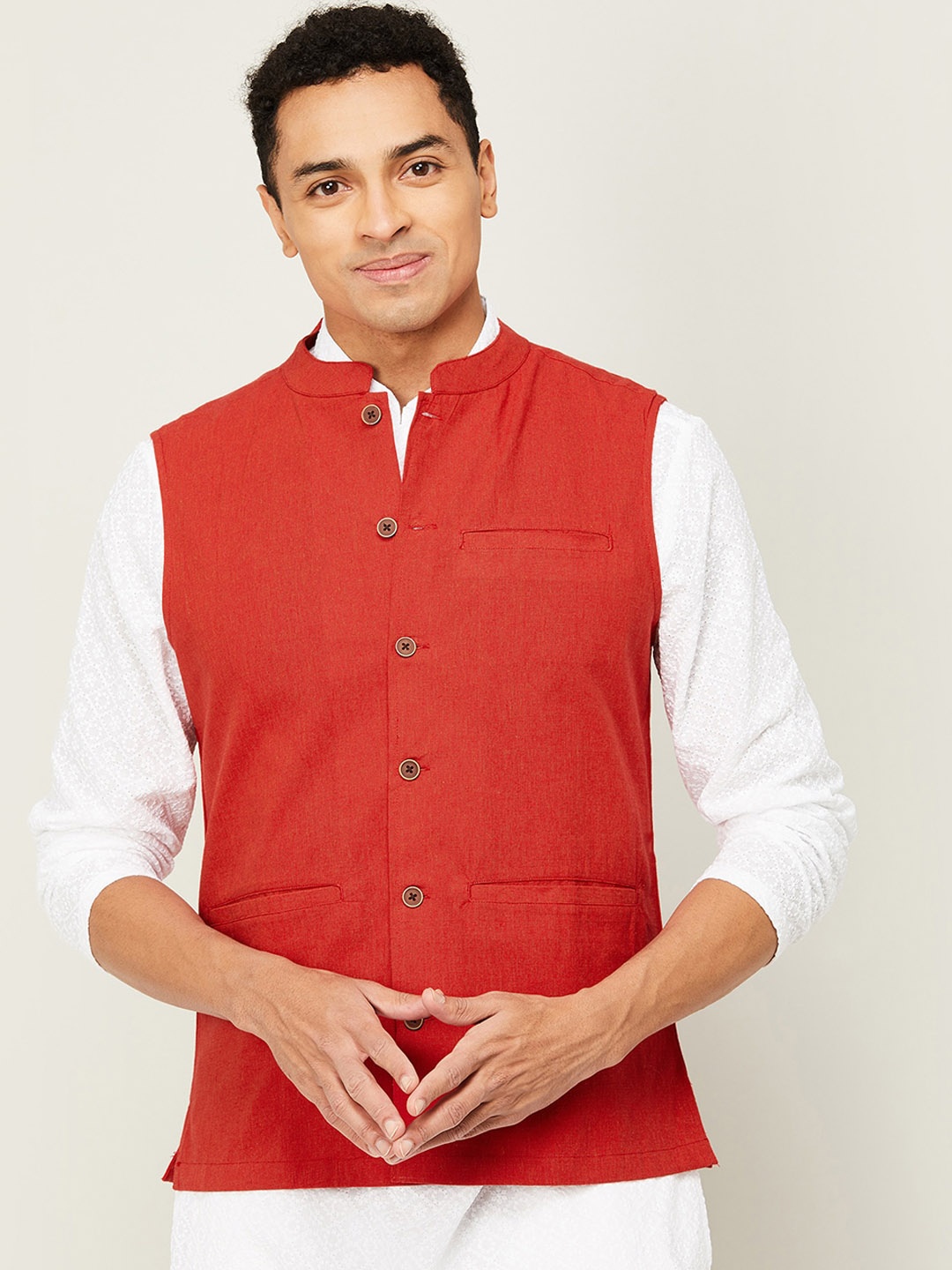 Melange by Lifestyle Cotton Nehru Jacket, Red