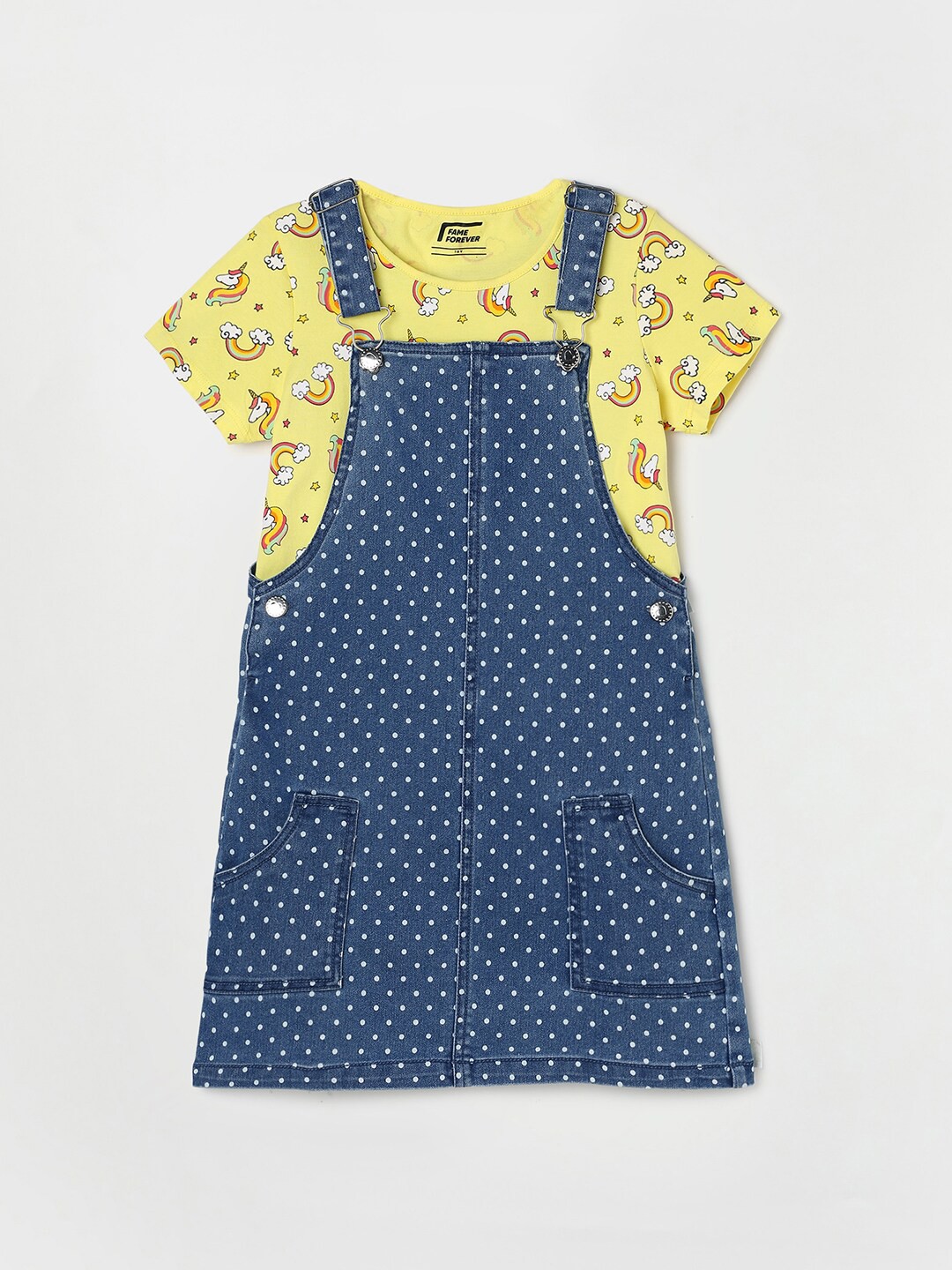 Fame Forever by Lifestyle Polka Dots Print Cotton Pinafore Dress with Printed T-Shirt, Blue
Fame Forever by Lifestyle Polka Dots Print Cotton Pinafore Dress with Printed T-Shirt, Blue
