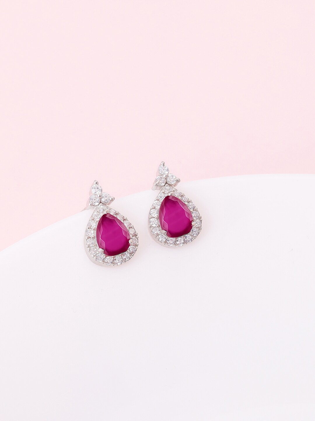 GIVA Silver-Plated Teardrop Shaped Studs Earrings, Fuchsia