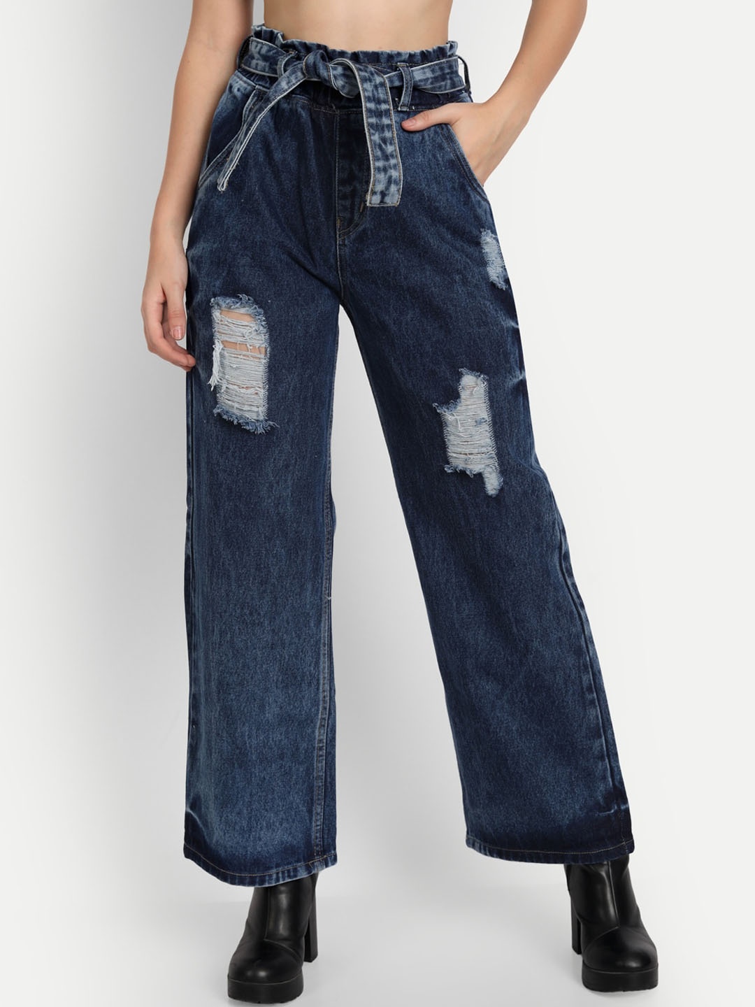 AngelFab Women Wide Leg High-Rise Mildly Distressed Light Fade Cotton Jeans, Navy blue
AngelFab Women Wide Leg High-Rise Mildly Distressed Light Fade Cotton Jeans, Navy blue