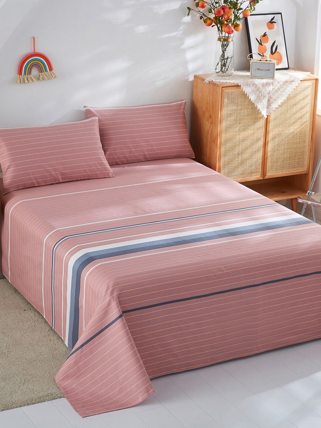 JC Collection Peach & Blue Striped 186 TC Pure Cotton Queen Bedsheet With 2 Pillow Covers
JC Collection Peach & Blue Striped 186 TC Pure Cotton Queen Bedsheet With 2 Pillow Covers