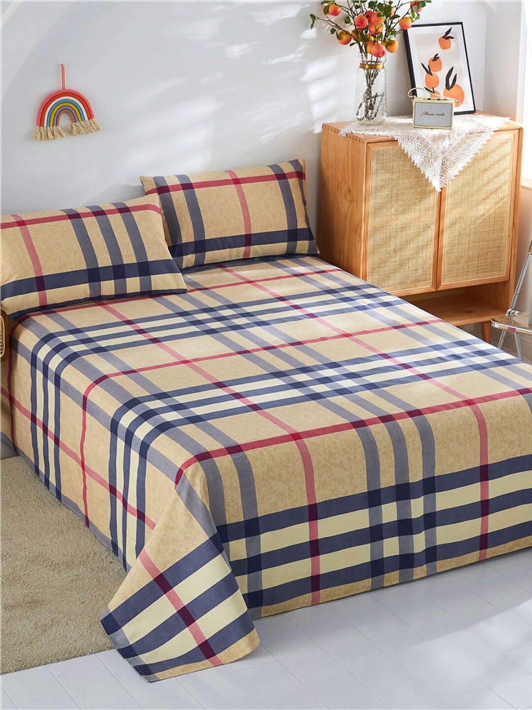 JC Collection Khaki & Blue Geometric 186 TC Pure Cotton Queen Bedsheet & 2 Pillow Covers
JC Collection Khaki & Blue Geometric 186 TC Pure Cotton Queen Bedsheet & 2 Pillow Covers