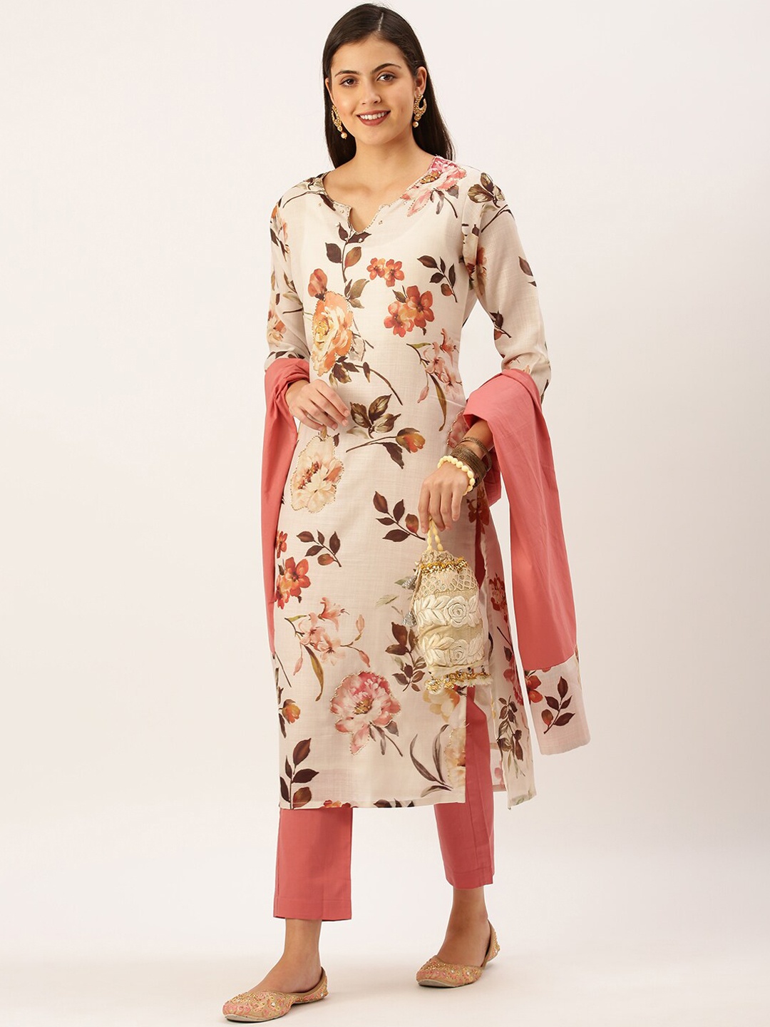 SHOWOFF Floral Printed Beads and Stones Work Kurta with Trousers & Dupatta, Cream
SHOWOFF Floral Printed Beads and Stones Work Kurta with Trousers & Dupatta, Cream