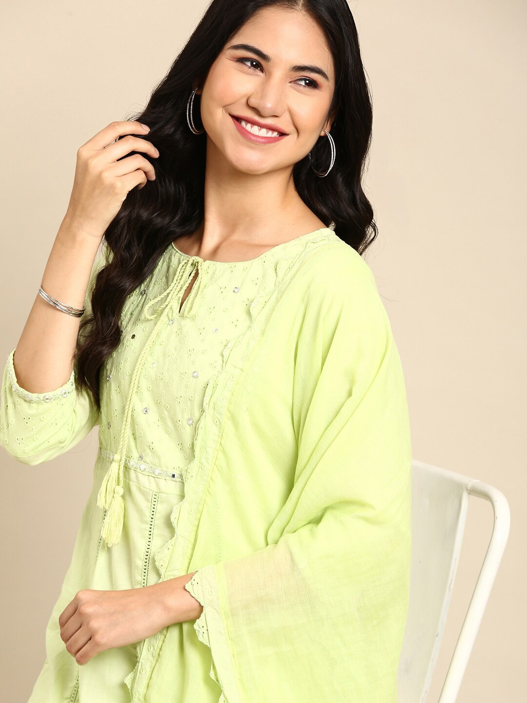 SHOWOFF Tie-Up Neck Mirror Work Panelled Anarkali Kurta with Trousers & Dupatta, Lime green
SHOWOFF Tie-Up Neck Mirror Work Panelled Anarkali Kurta with Trousers & Dupatta, Lime green