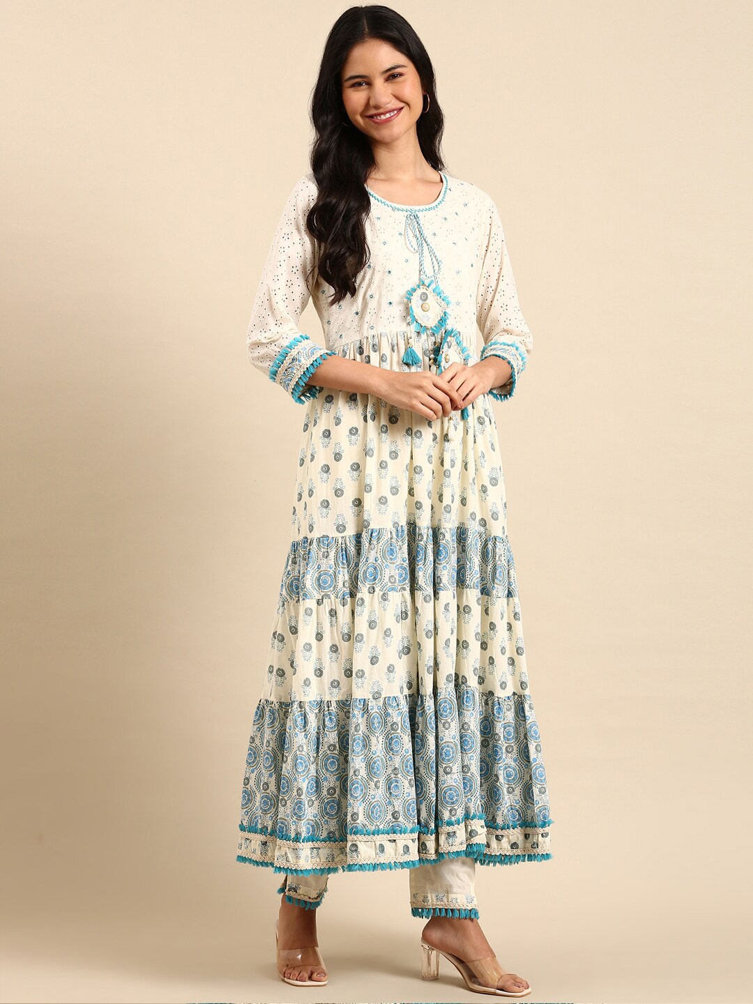 SHOWOFF Ethnic Motifs Printed Tiered Mirror Work Block Print Kurta With Trousers & Dupatta, Cream
SHOWOFF Ethnic Motifs Printed Tiered Mirror Work Block Print Kurta With Trousers & Dupatta, Cream