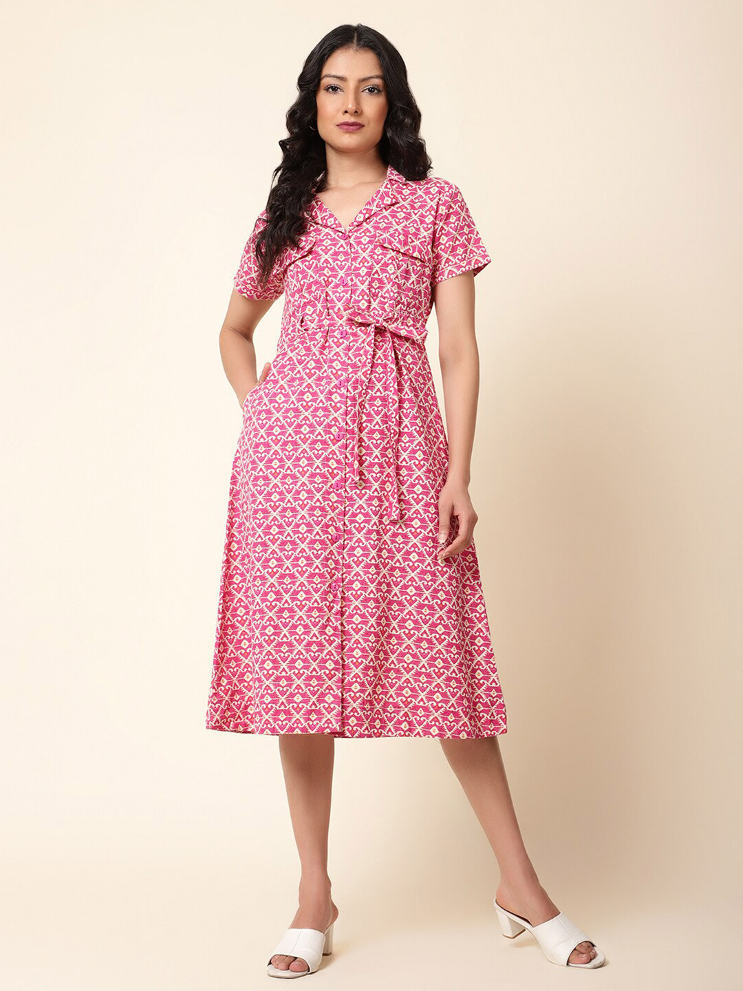 Bani Women Ethnic Motifs Printed Shirt Dress With Belt, Pink 
Bani Women Ethnic Motifs Printed Shirt Dress With Belt, Pink