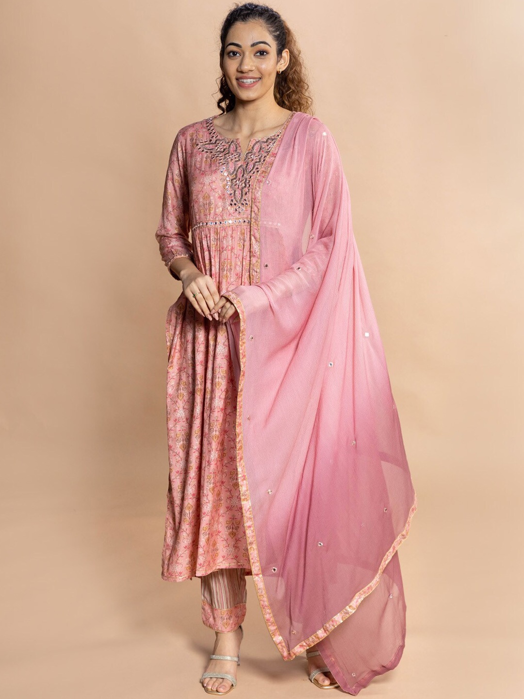 Rmya Floral Printed Mirror Work A-Line Pure Cotton Kurta with Trousers & Dupatta, Pink
Rmya Floral Printed Mirror Work A-Line Pure Cotton Kurta with Trousers & Dupatta, Pink