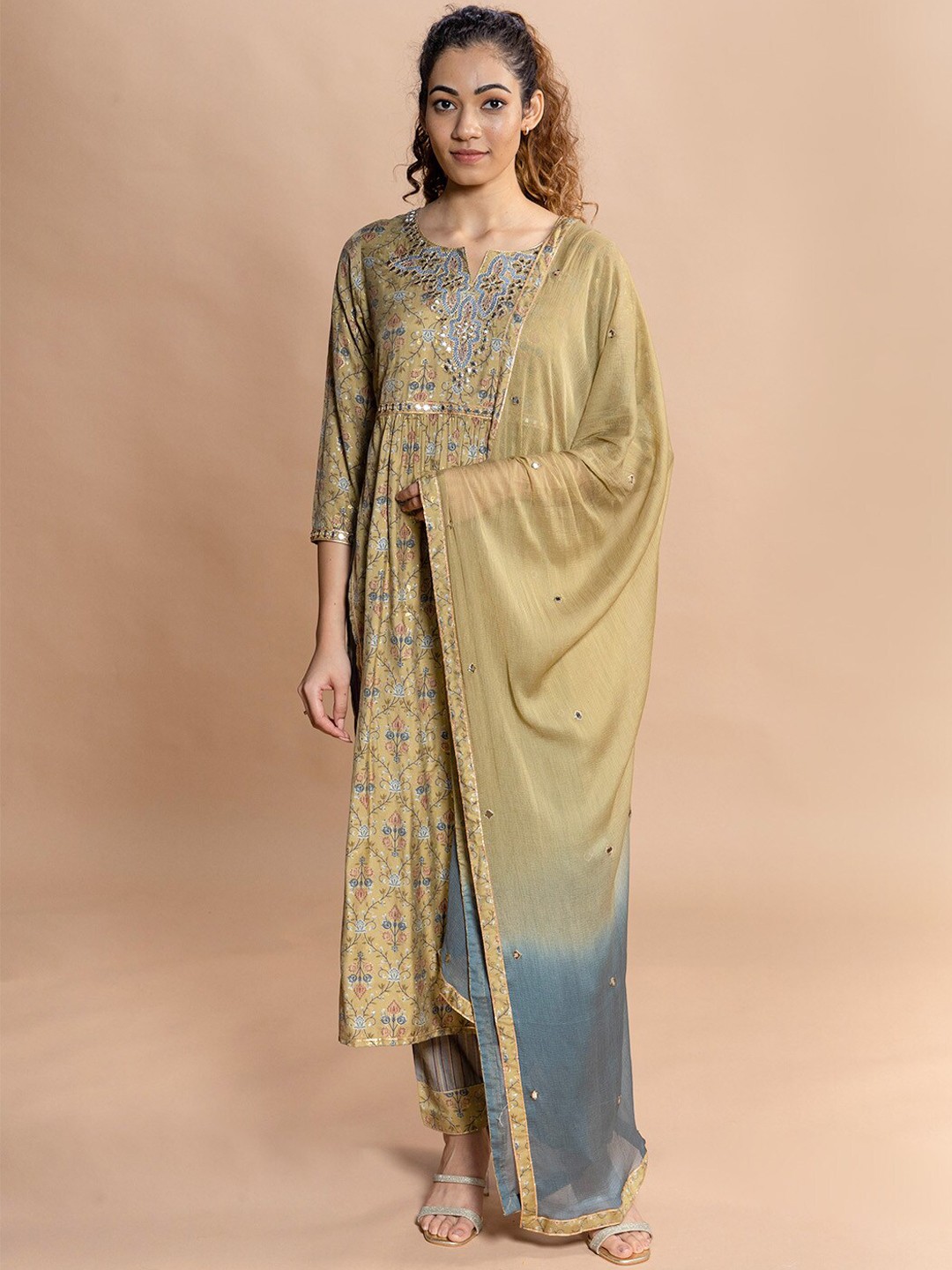 Rmya Floral Printed High Slit Mirror Work A-Line Pure Cotton Kurta with Trousers & Dupatta, Olive
Rmya Floral Printed High Slit Mirror Work A-Line Pure Cotton Kurta with Trousers & Dupatta, Olive