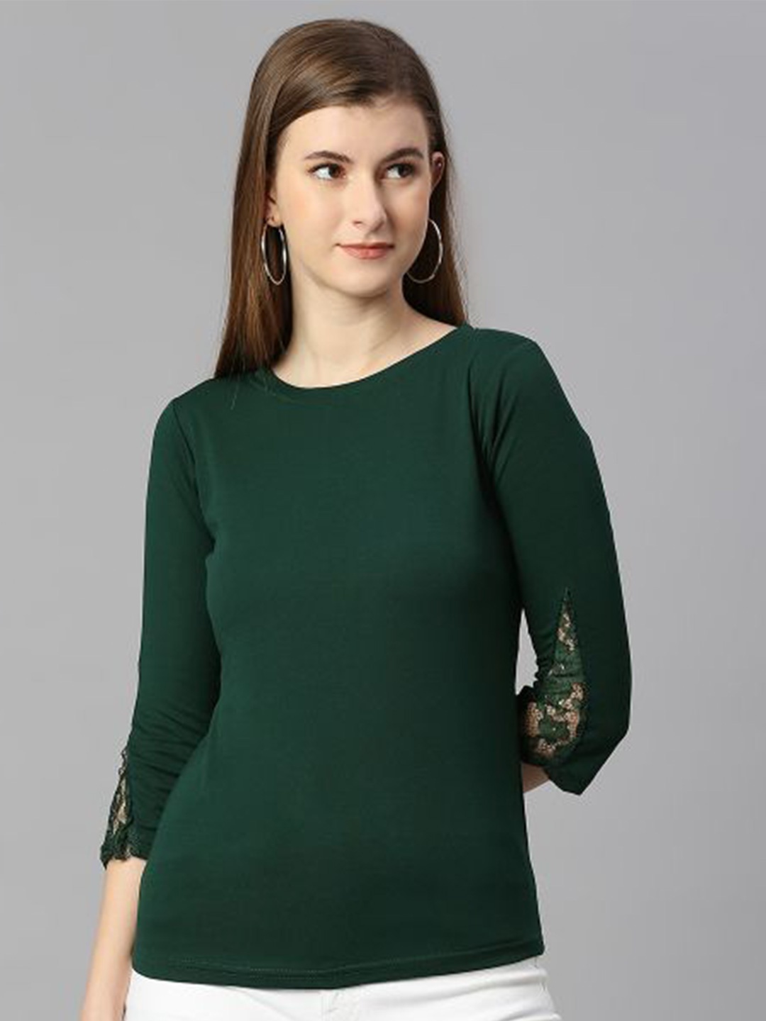 DEETYA ARTS Lace Inserts Round Neck Top, Green