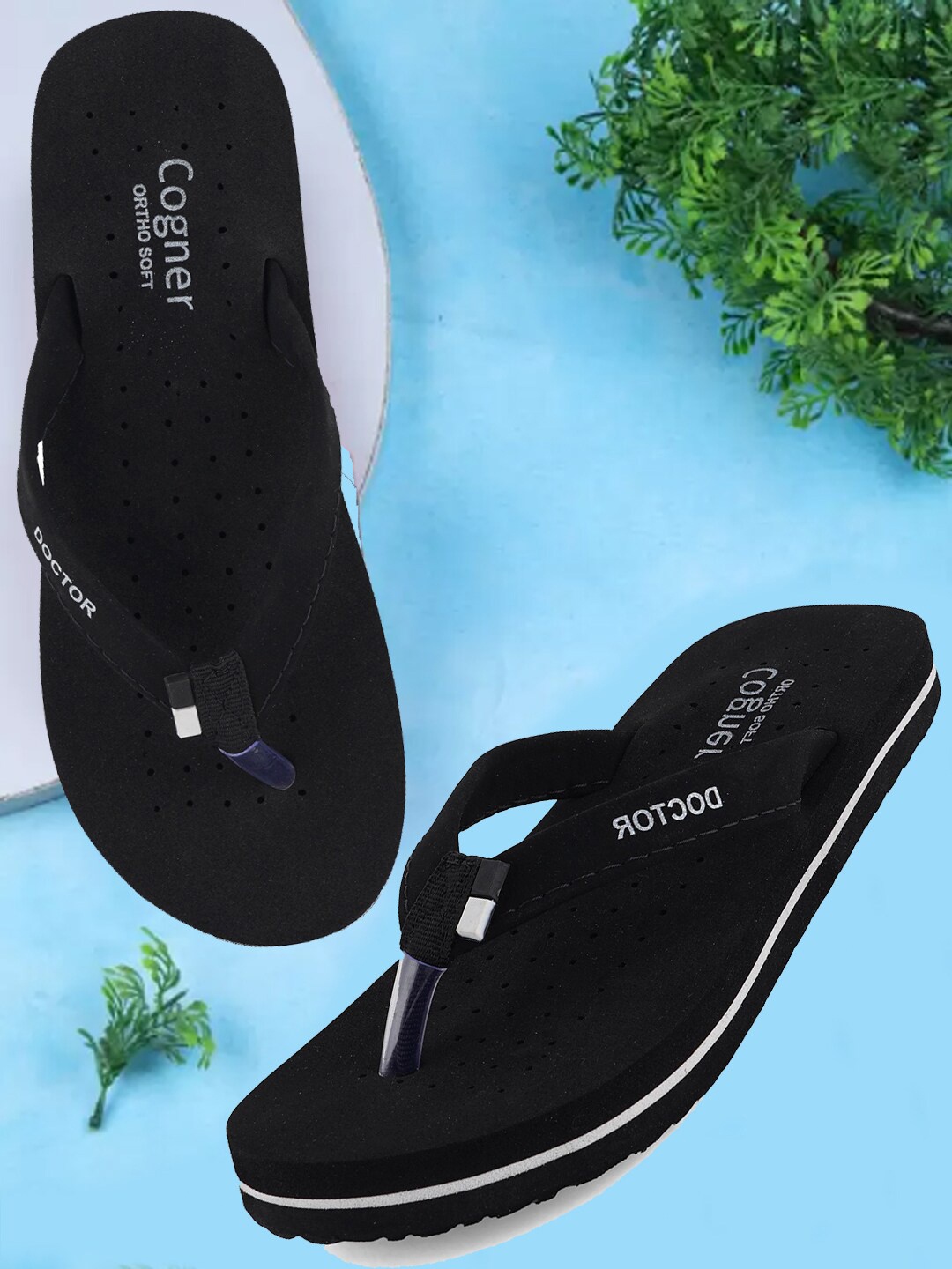 Cogner Women Rubber Thong Flip-Flops, Black