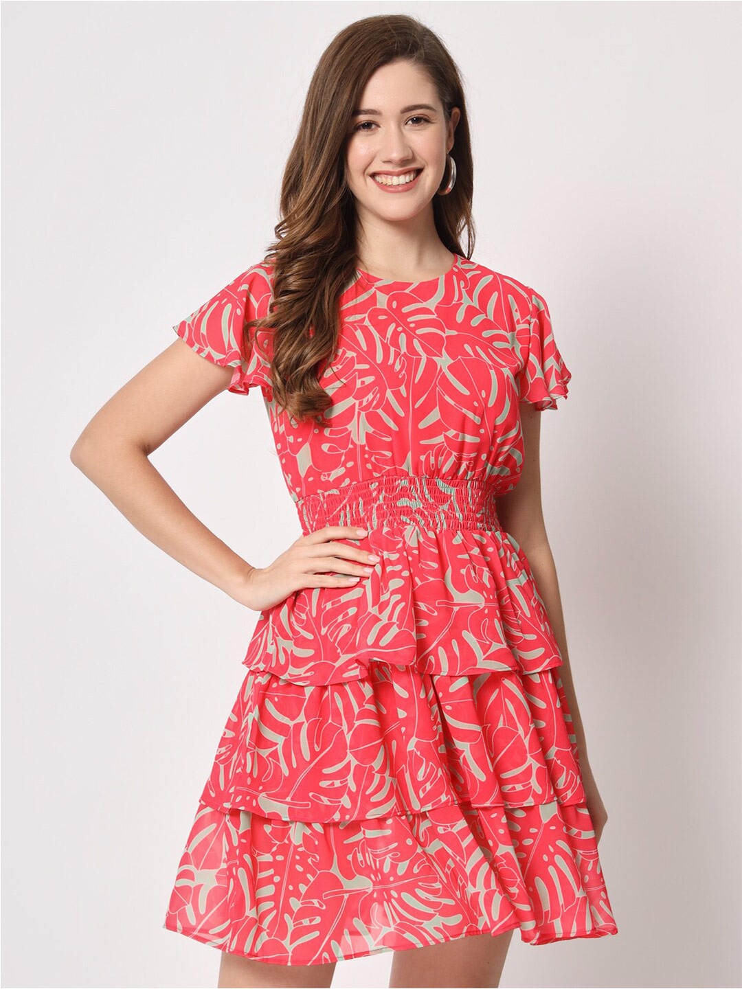CHARMGAL Floral Printed Layered Georgette Fit & Flare Dress, Pink