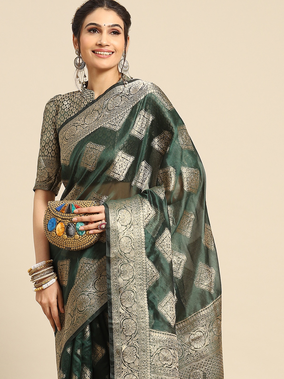 Mitera Zari Organza Banarasi Saree, Green