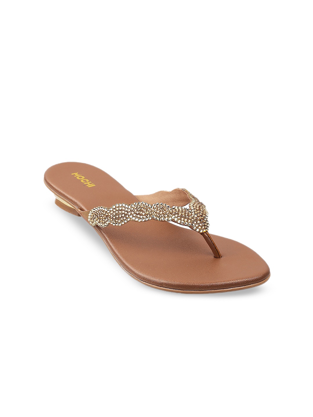Mochi Embellished Open Toe Block Heels, Gold