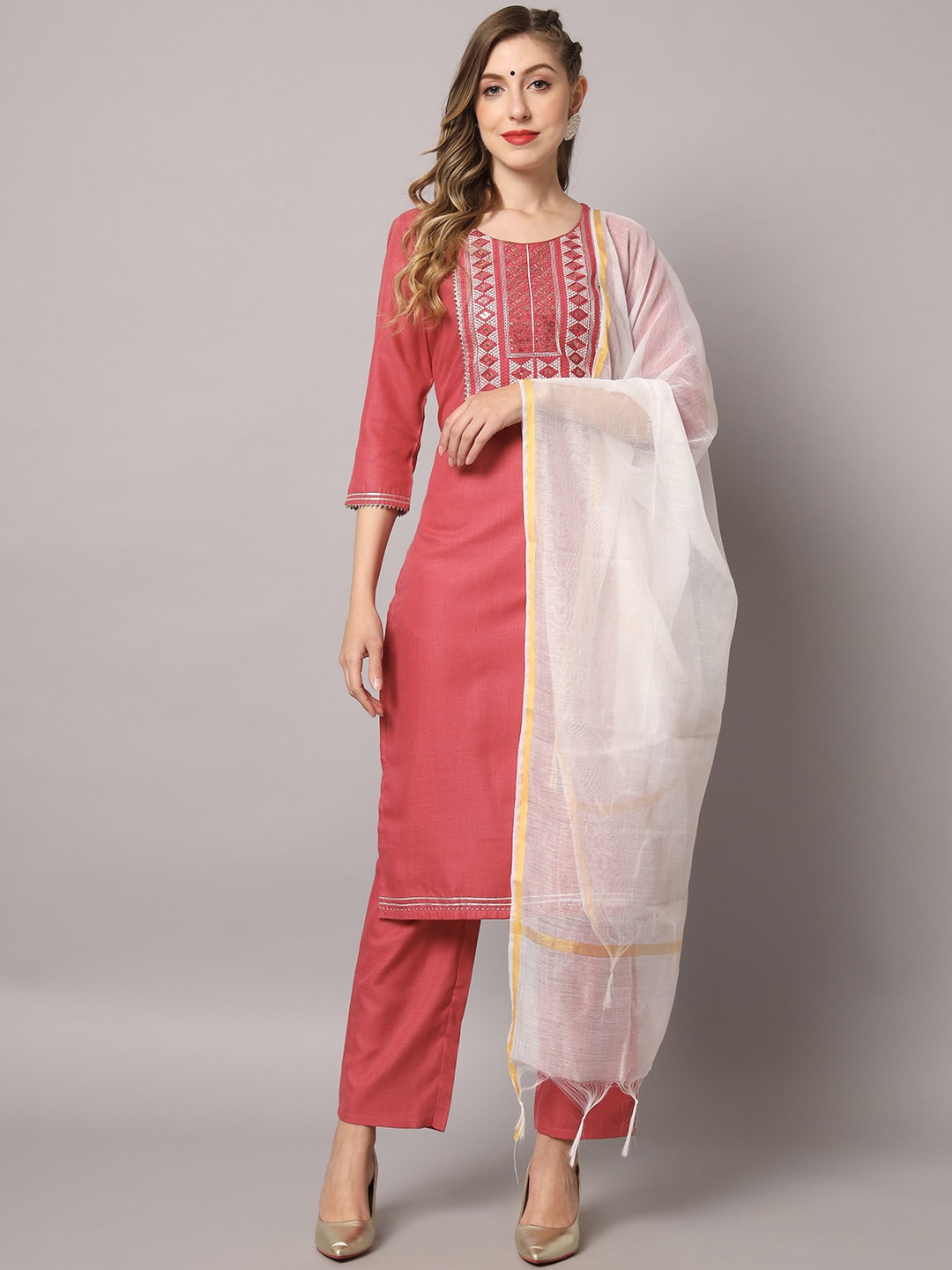ZRI Ethnic Motifs Embroidered Gotta Patti Kurta with Trousers & Dupatta, Coral