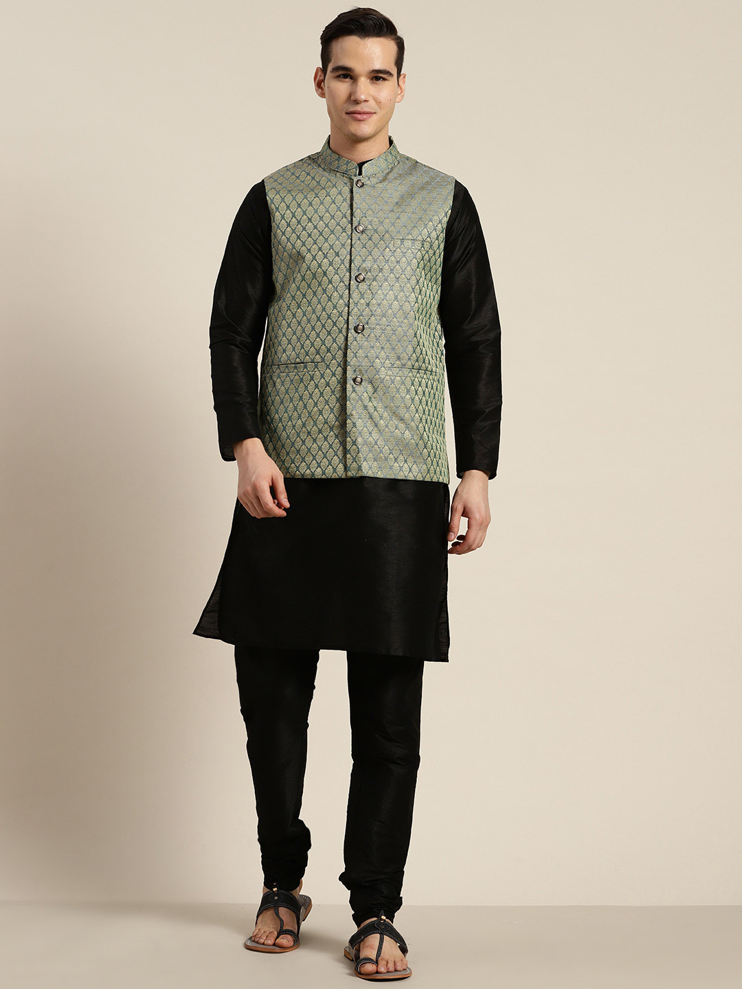 SOJANYA Mandarin Collar Regular Kurta With Churidar & With Nehru Jacket, Black
SOJANYA Mandarin Collar Regular Kurta With Churidar & With Nehru Jacket, Black