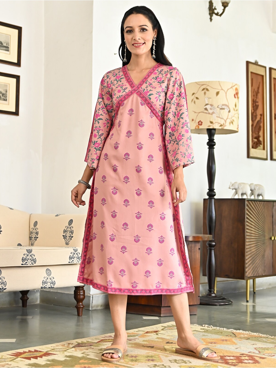 Rustorange V-Neck Floral Print A-Line Midi Ethnic Dress, Pink
