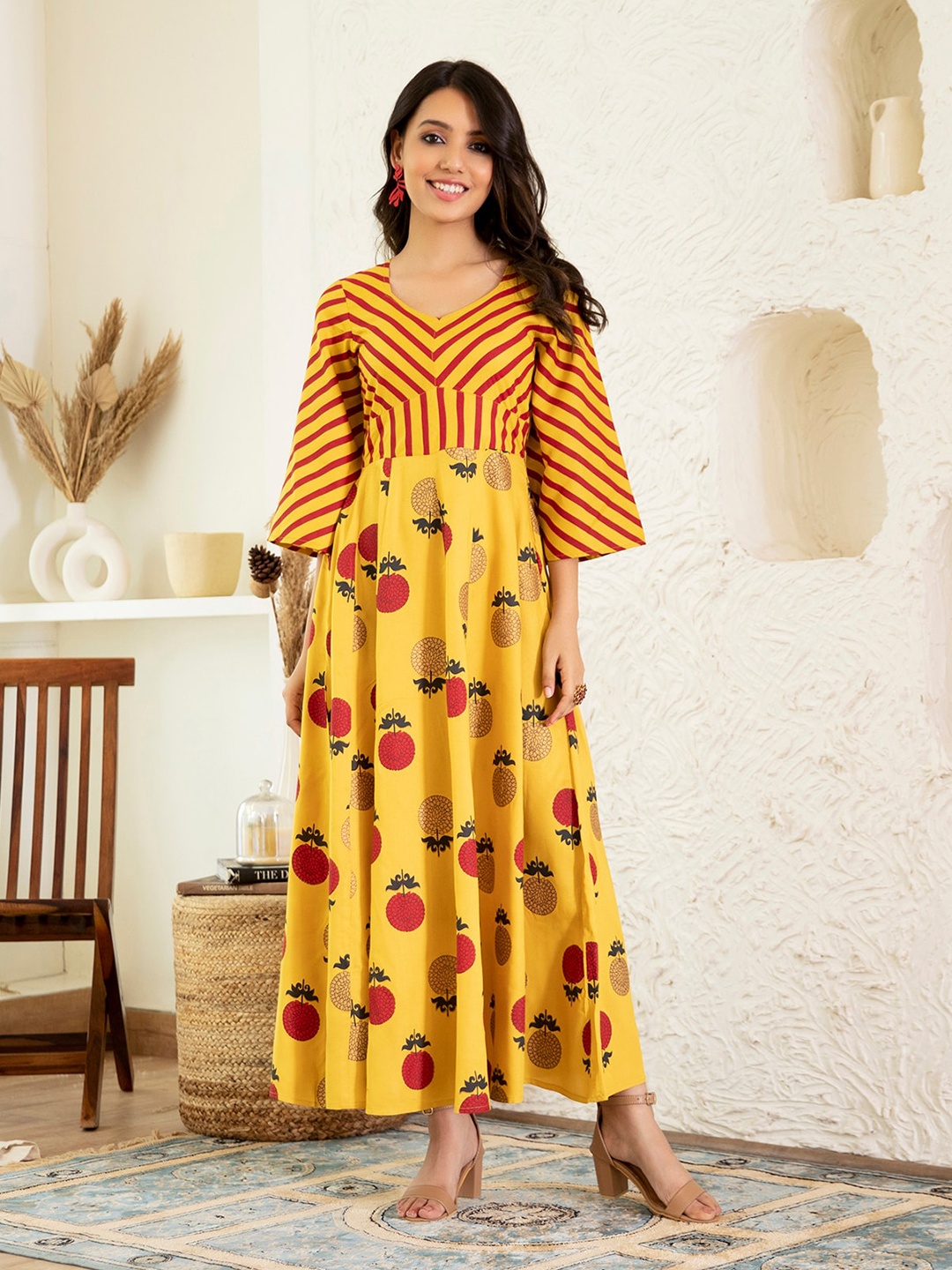 Rustorange Floral Foil Printed Maxi Fit & Flare Ethnic Dress, Yellow