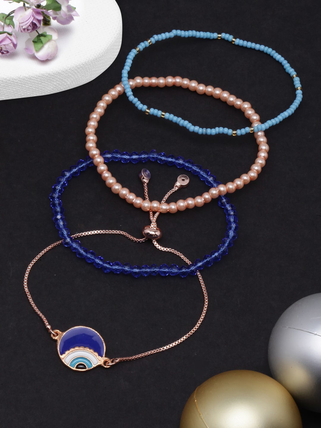 DressBerry Set Of 4 Rose Gold-Plated Beaded Evil Eye Charm & Elasticated Bracelets, Blue
DressBerry Set Of 4 Rose Gold-Plated Beaded Evil Eye Charm & Elasticated Bracelets, Blue