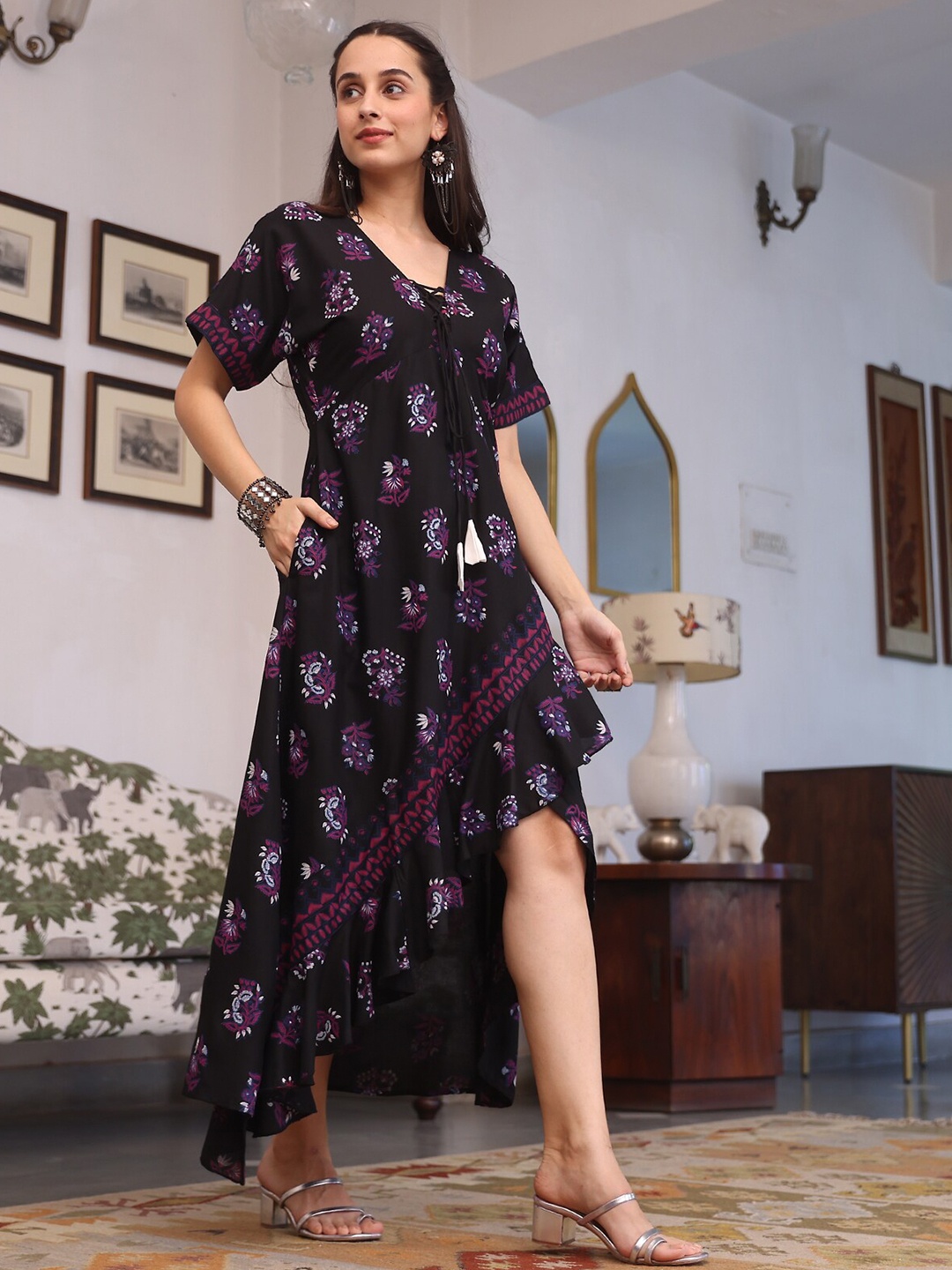 Rustorange Floral Printed A-Line Ethnic Dress, Black