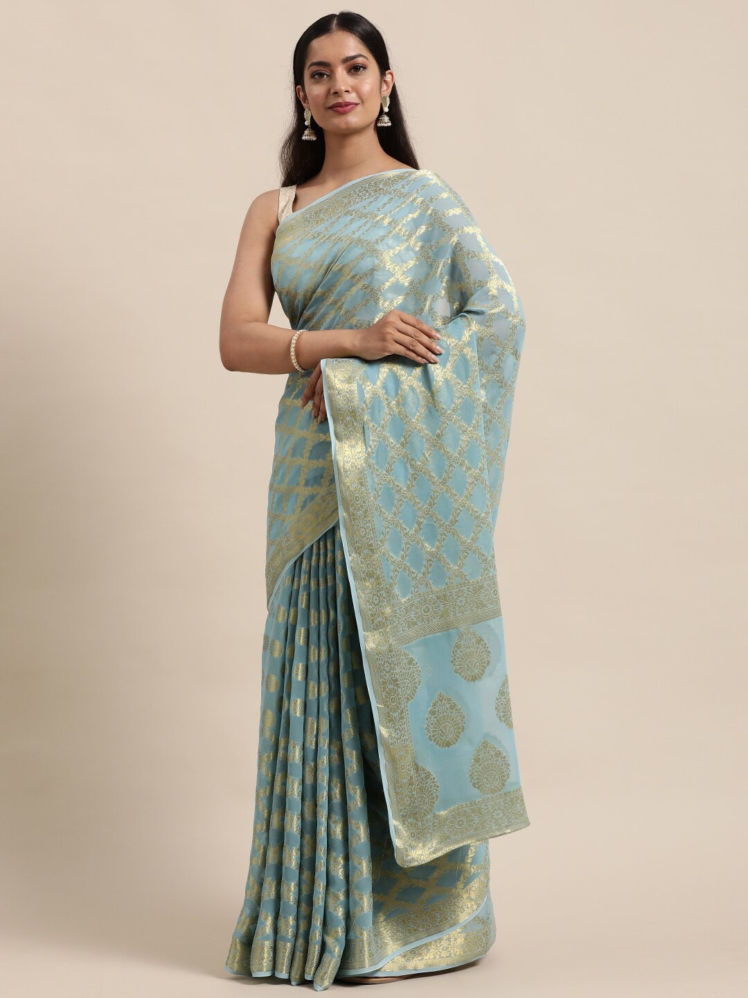 Geroo Jaipur Floral Woven Design Zari Saree, Blue