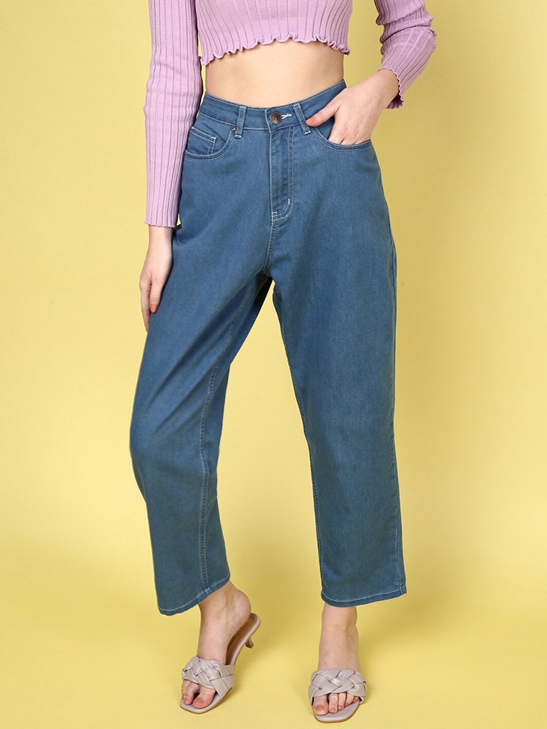JUNEBERRY Women Original High Rise Cropped Cotton Mom Fit Jeans, Blue