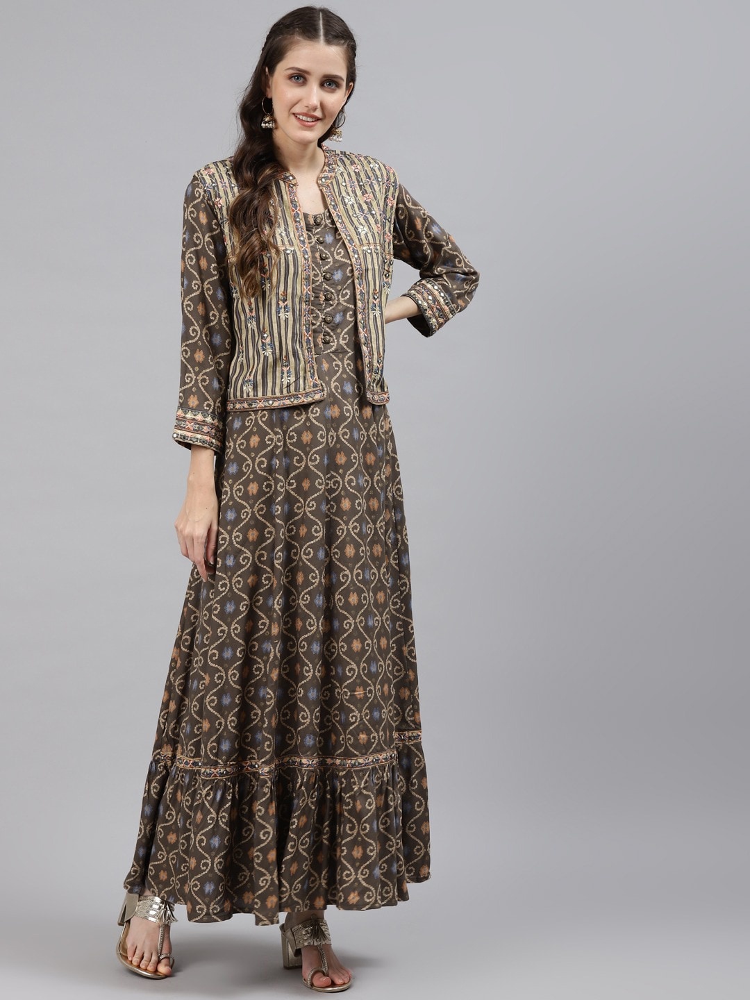 Readiprint Fashions Ethnic Motifs Printed Cotton Anarkali Kurta With Embroidered Jacket, Grey
Readiprint Fashions Ethnic Motifs Printed Cotton Anarkali Kurta With Embroidered Jacket, Grey