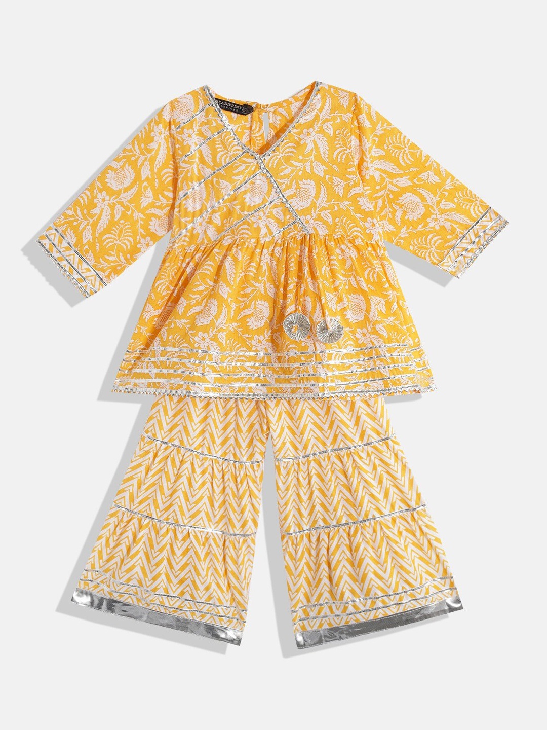 Readiprint Fashions Girls Printed Gotta Patti Pure Cotton Angrakha Kurta With Sharara, Yellow
Readiprint Fashions Girls Printed Gotta Patti Pure Cotton Angrakha Kurta With Sharara, Yellow