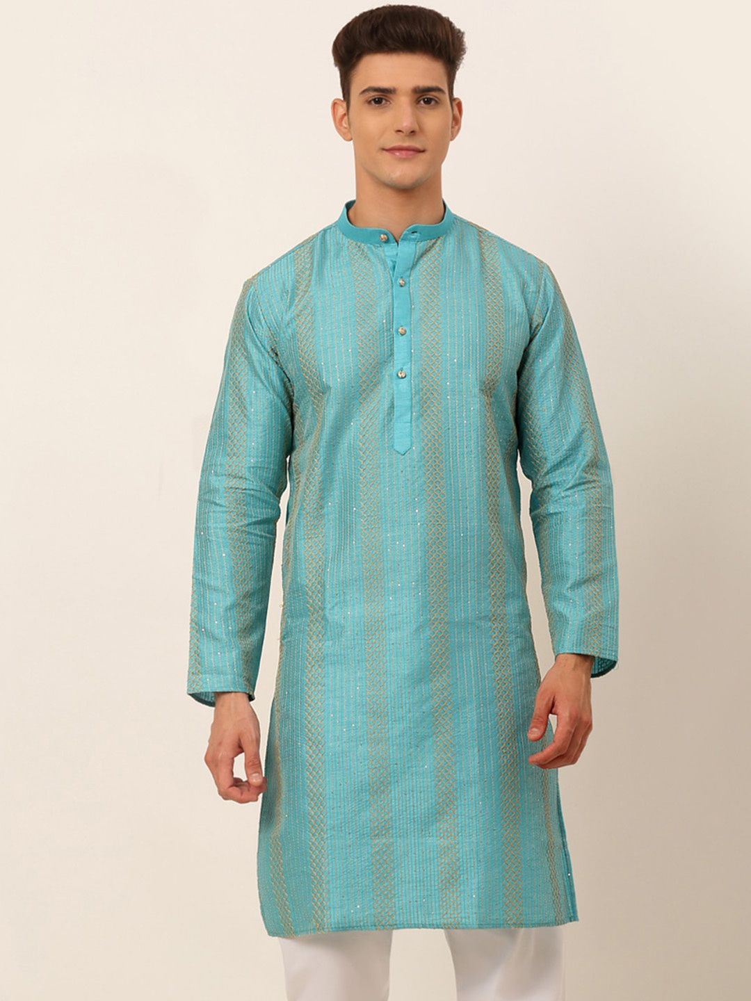 Jompers Striped Embroidered Mandarin Collar Sequinned Straight Kurta, Turquoise blue
Jompers Striped Embroidered Mandarin Collar Sequinned Straight Kurta, Turquoise blue